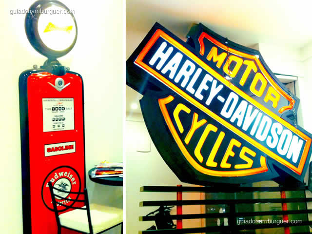 Detalhe da decoração e luminoso da Harley-Davidson
