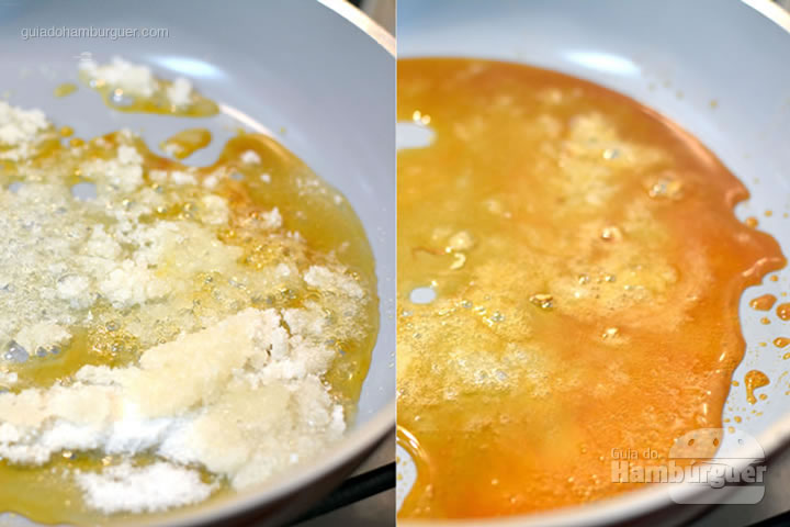 Assim que o açúcar começar ar derreter, observe a cor dourada que vai se formando - Receita de cebola caramelizada doce