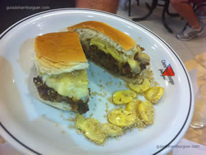 Hambúrguer Cruz: Pão de hambúrguer, hambúrguer de picanha, bacon em tiras frito, champignon fatiado,  provolone derretido e gergelim (1/2 colher de café, entre o hambúrguer e o provolone derretido) - Osnir 42 anos